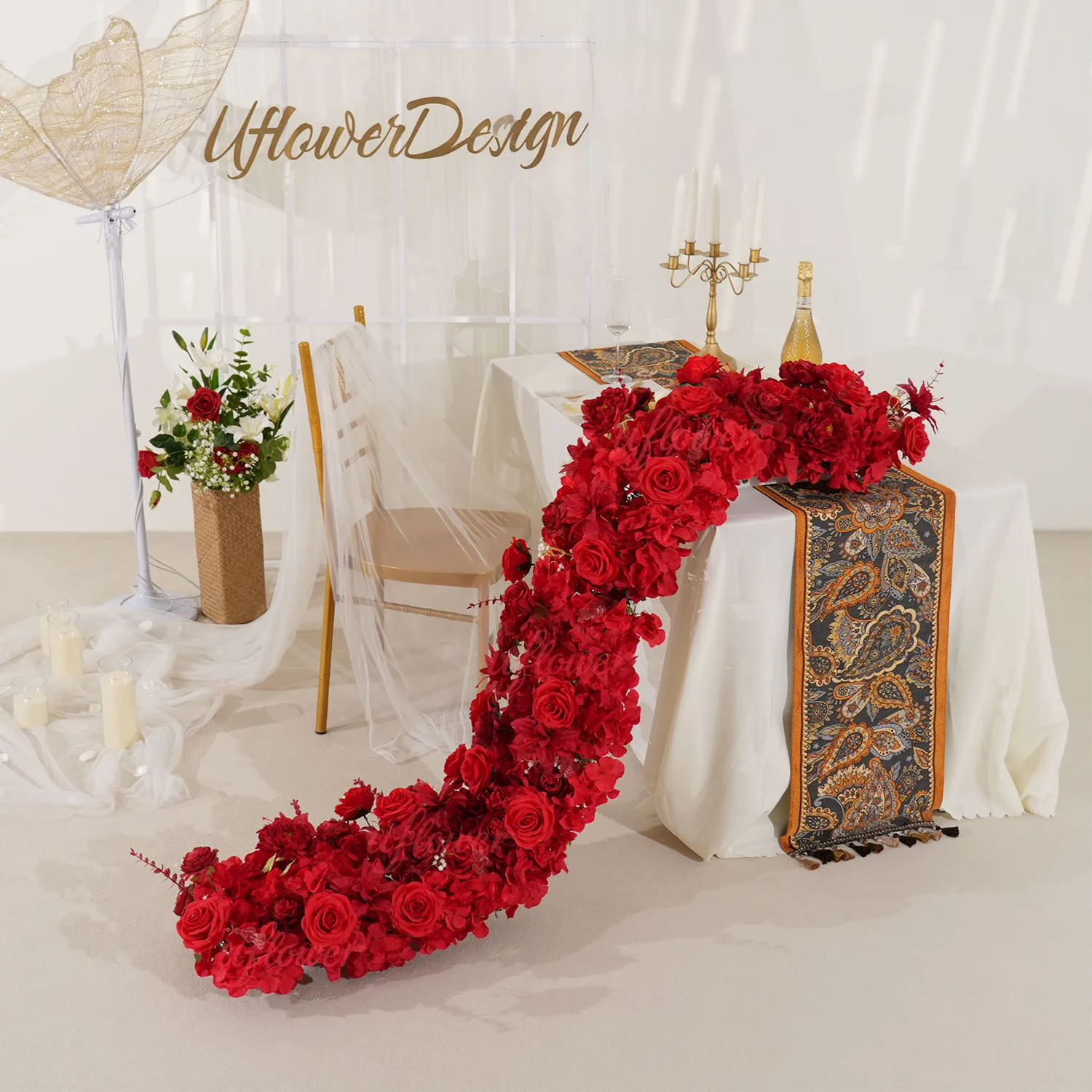 100/200cm Red Rose Artificial Flower Row Wedding Wall Backdrop Decor Table Runner Flower Floral Hanging Flowers Event Party Prop