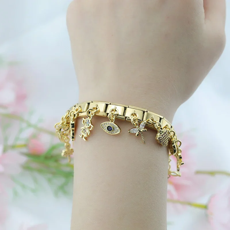 Hapiship 2023 New Fashion Colour Zircon Mushroom Fruit Charm Italian Link Fit DIY 9mm Stainless Steel Bracelet DIY Jewelry DJ600