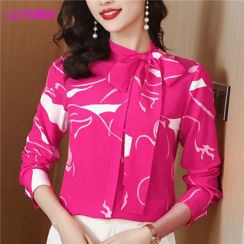 Button new heavyweight silk mulberry silk print rose red ribbon long sleeved temperament versatile women's top shirt