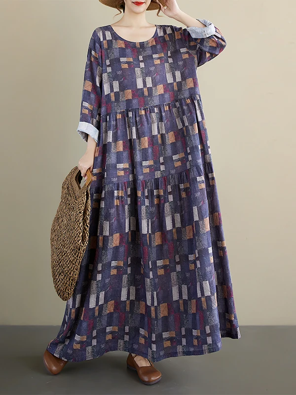 الخريف منقوشة طويلة Sve جولة Ne فضفاض ألف خط الدكتور الكتان القطن ميدي تنورة خمر Sle Ci المشي مناسبة لمتوسطة العمر...