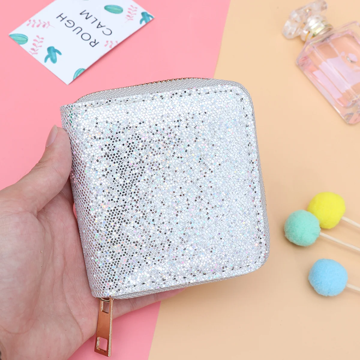 

Silver Glitter Small Coin Purse Zipper Closure Compact Lightweight Short Wallet for Cash Keys Accessories Coin Purse
