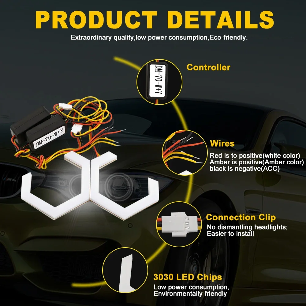 2PCS 12V/24V RGB APP Control Hexagon Angel Eyes Halo Rings Retrofit Headlight Car Motorcycle White DRL+Amber Turn Signal Light