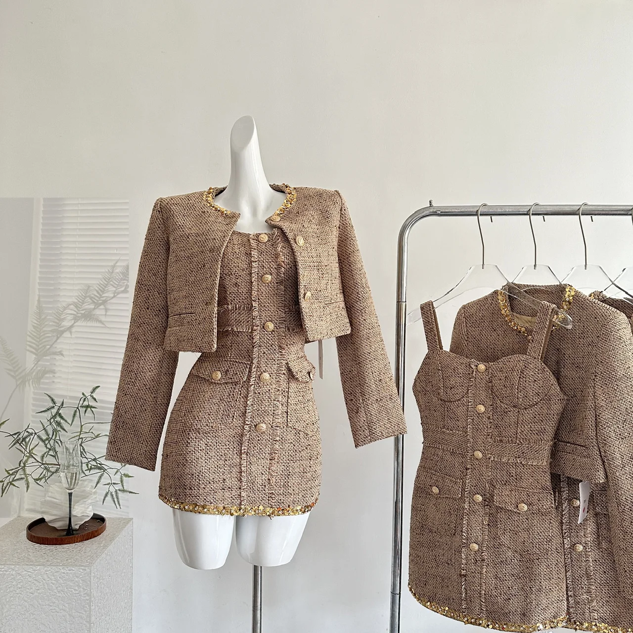 

Женский винтажный комплект из твидового платья из двух предметов, женский однобортный короткий жакет с круглым вырезом и длинными рукавами + облегающий костюм без рукавов Minid Ress