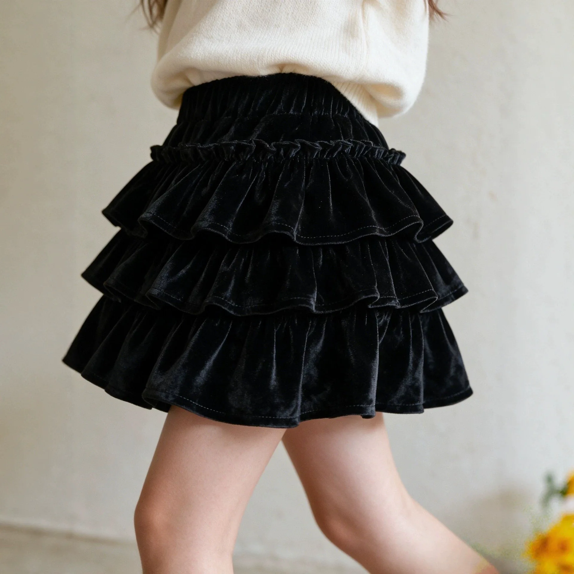 2026 New Girls Velvet Ruffle Cake Skirt Stylish Fluffy Short Half Skirts Kids Sweet Fashion Layered Dress
