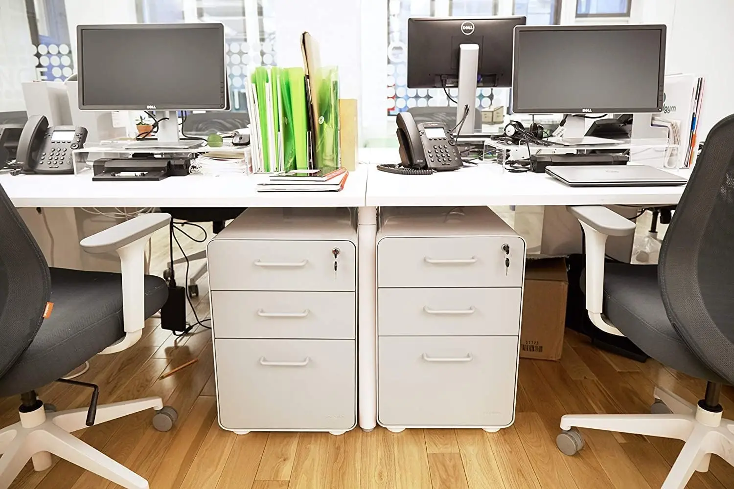 3-Drawer Rolling File Cabinet - White + Light Gray 2 Utility Drawers and 1 Hanging File Drawer Two Locking