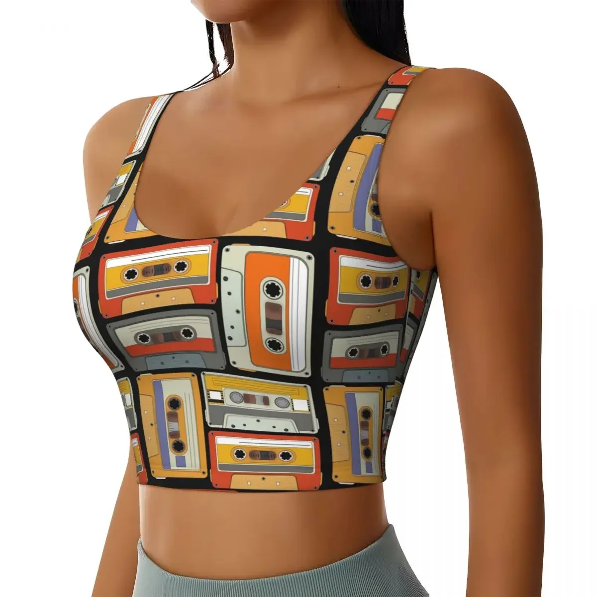 Custom 80s Generation Vintage Cassettes Women Sports Bras High Impact Vest Gym Workout Yoga Crop Tank Top