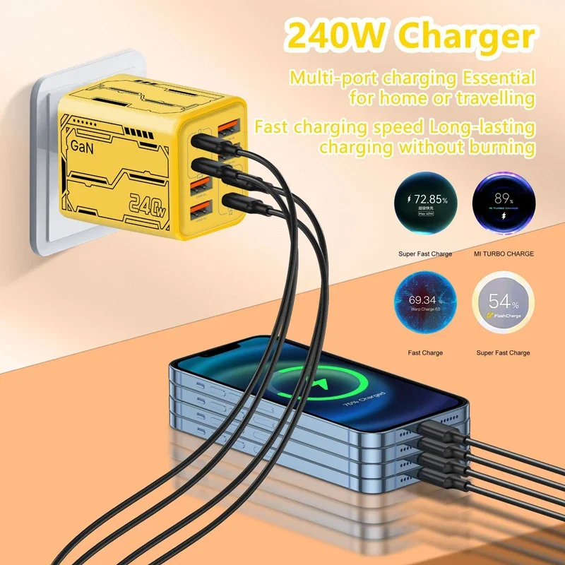 240W GaN Charge Adapter 8‑in‑1 PD Desktop Charger 4Type-C 4USB 8‑Ports Power Adapter For Phone Notebook Fast Charging EU US UK