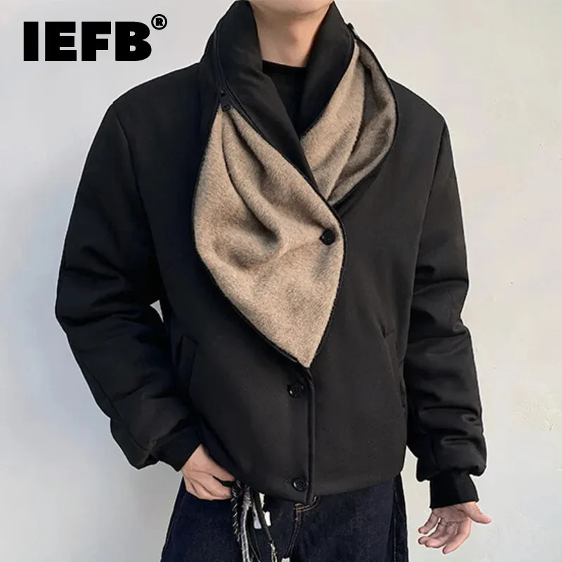 IEFB Dimensional Cutting Men's Padded Jacket Shawl Collar Single Breasted Contrast Color Thickened Casual Male Cotton Coat 9W206