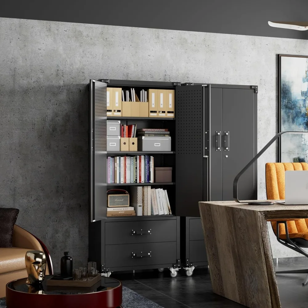 Большой металлический шкаф для хранения на колесах, запираемый стальной шкаф с 3 регулируемыми полками и 6 крючками для улучшенной организации