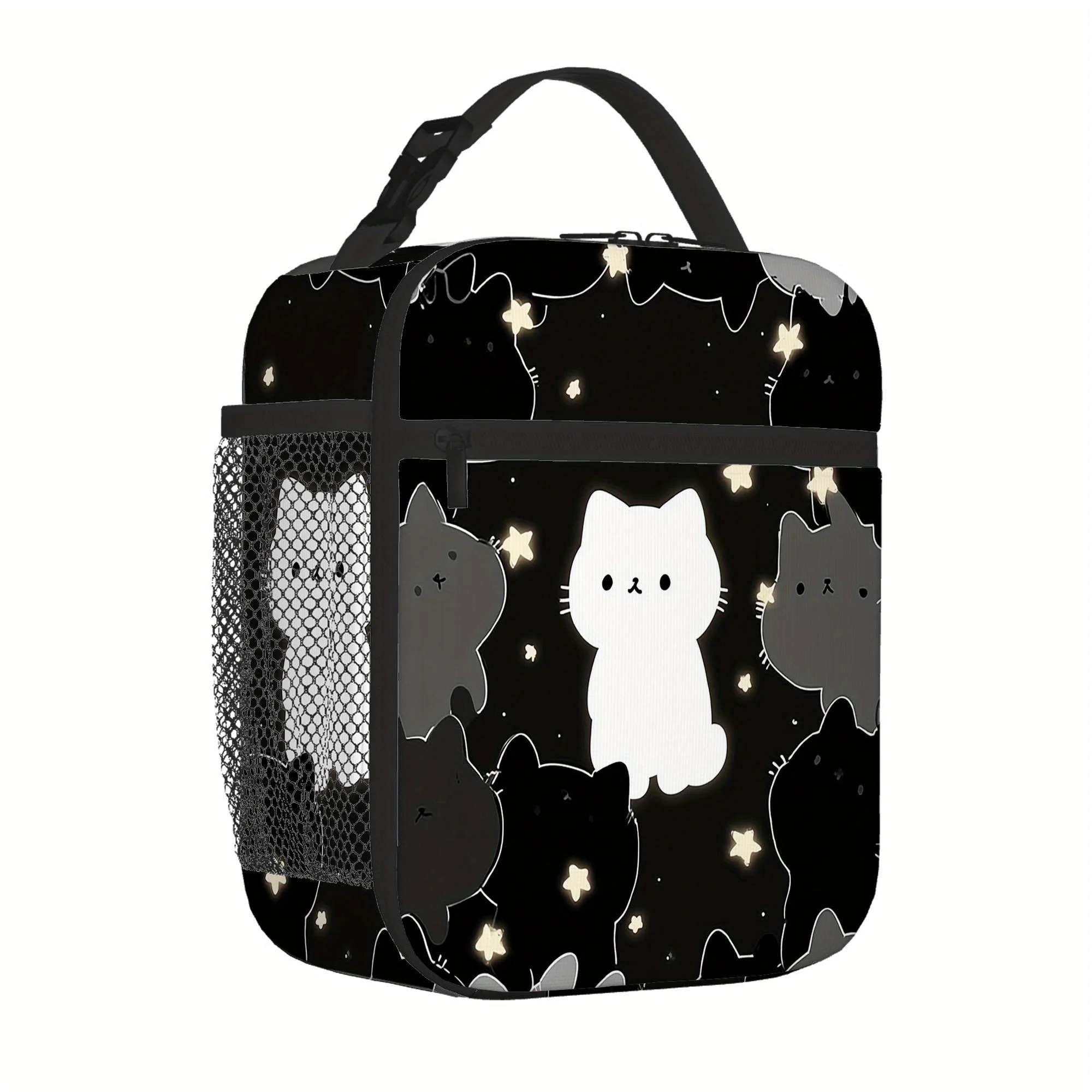 Cute Cat & Glowing Stars Printed Insulated Thermal Bag for Home, Office, Restaurant Use Insulated Lunch Bag
