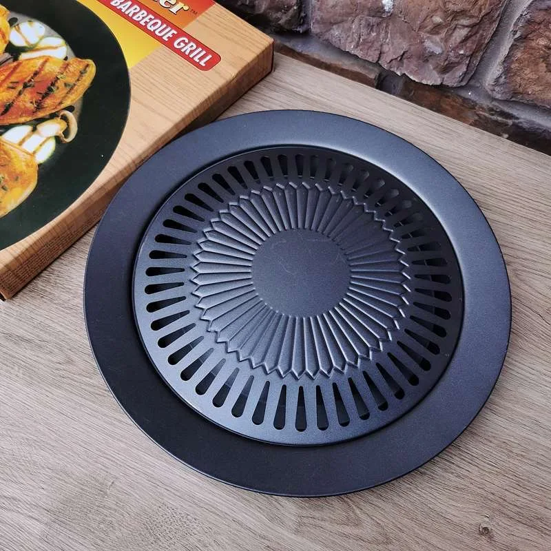 1Pcs Korean Barbecue Plate Round Iron BBQ Grill Plate Smokeless Non-Stick Gas Stove Plate BBQ Roasting Cooking Tool Sets