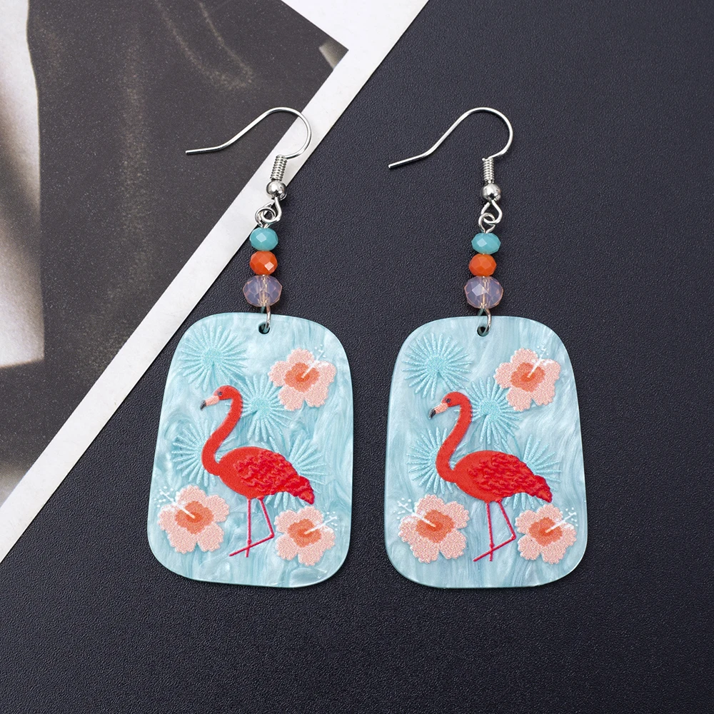 Fashion Hot Selling Blue Acrylic Relievo Printing Flamingo Women's Earrings Trend 2024 Elegant Cartoon Cute Things For Girls