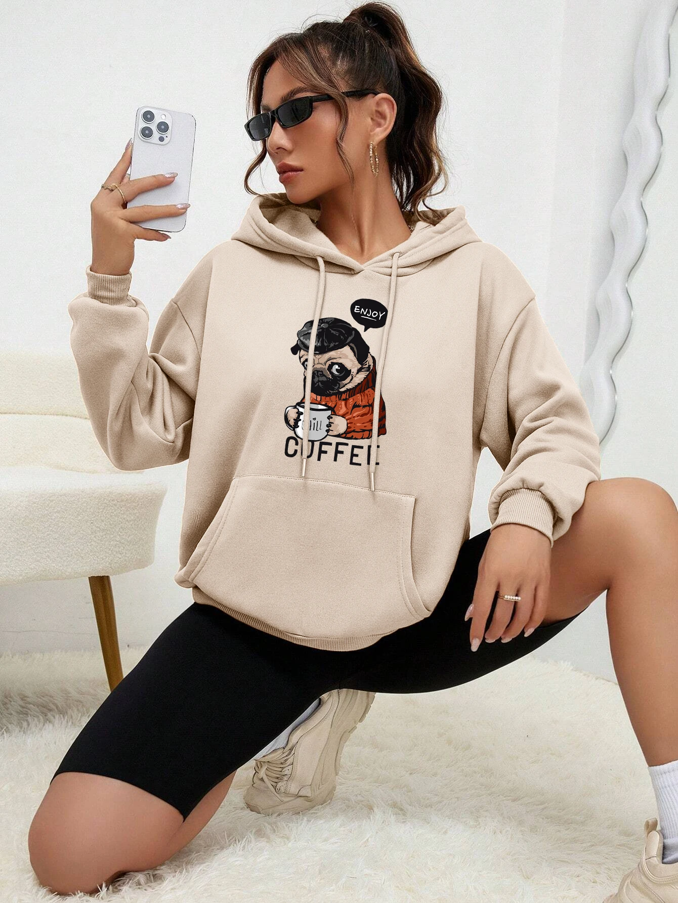 Coffee Chill Enjoy Interesting Cute Dog Women Hoodies Autumn Street Sweatshirts Casual fur-liner Hoody Fashion S-XXL Tops Unisex