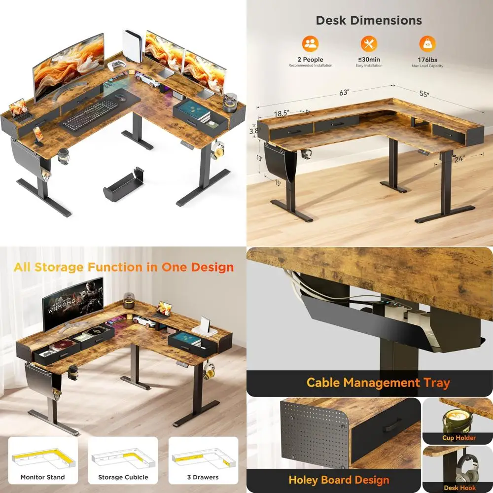 مكتب كهربائي على شكل حرف L قابل للتعديل الارتفاع مع 3 أدراج ورف شاشة ومكتب كمبيوتر زاوية لمحطات العمل في الحامل #1