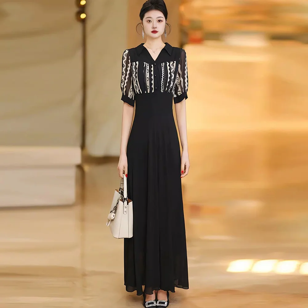 

New Women Summer Patchwork Long Dress Fashion V-Neck Short Sleeve Slim Waist Dress Elegant Flowing A-Line Print Dress