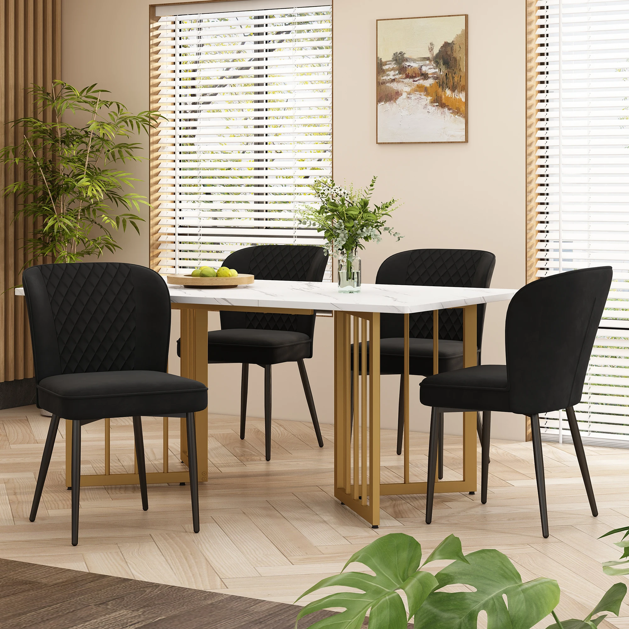 VSOGA Dining Group (Set, 140 × 80 × 75 cm dining table with 4 Chairs), Black Velvet Dining Chairs, V Shaped Golden Table Legs, MDF Tabletop