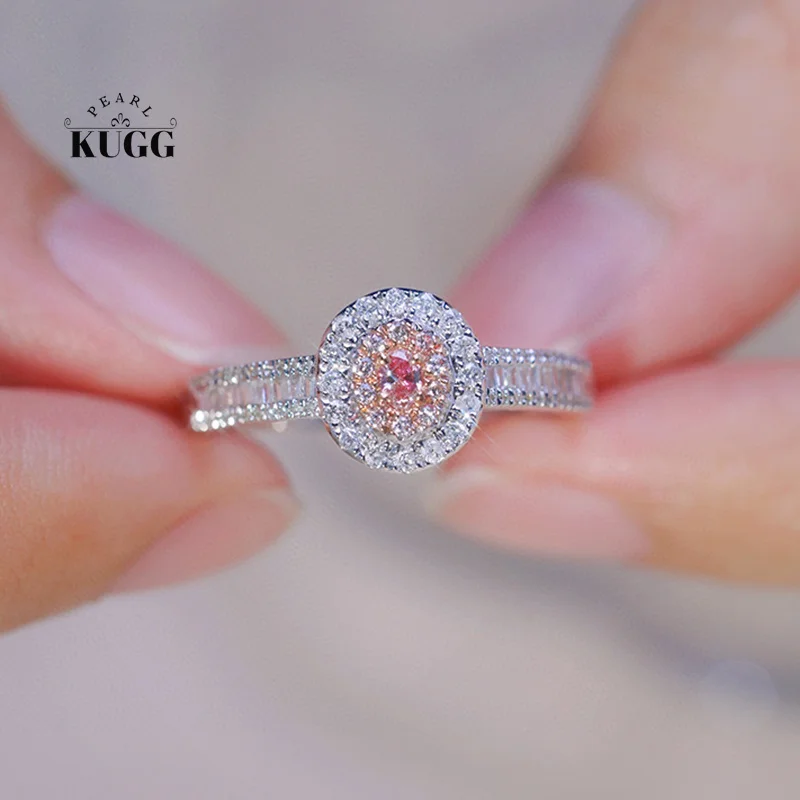 

KUGG 18K White Gold Rings Luxury Oval Design Real Natural Pink Diamond Engagement Ring for Women High Wedding Jewelry