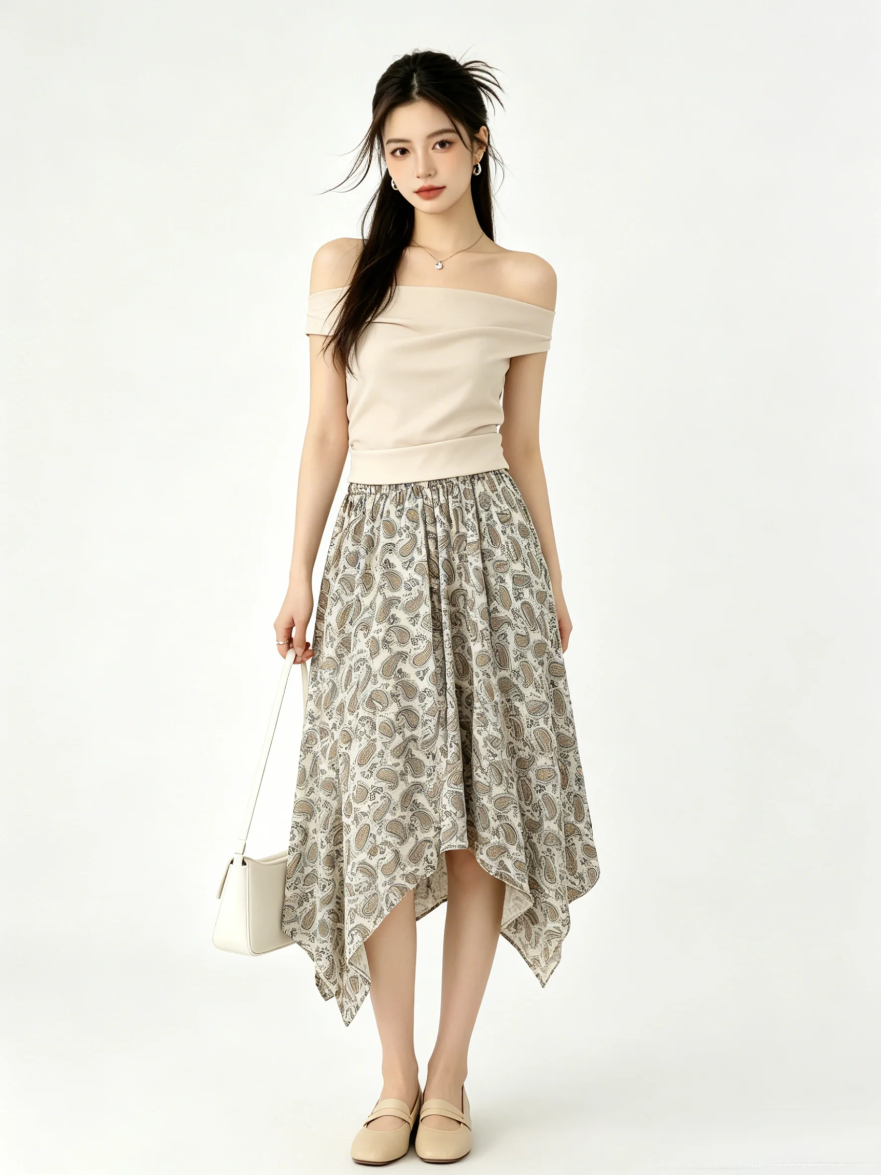 

Retro Casual Print Asymmetrical High Waist A-Line Umbrella Skirt Skin-Friendly Lazy Style Mid-Length Summer Half Skirt