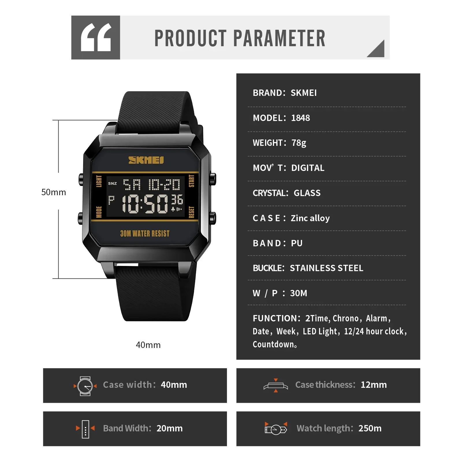 SKMEI 1848 3Bar مقاوم للماء LED ضوء الإلكترونية العد التنازلي ساعة reloj hombre الرقمية حركة ساعة اليد للرجال الرياضة الساعات