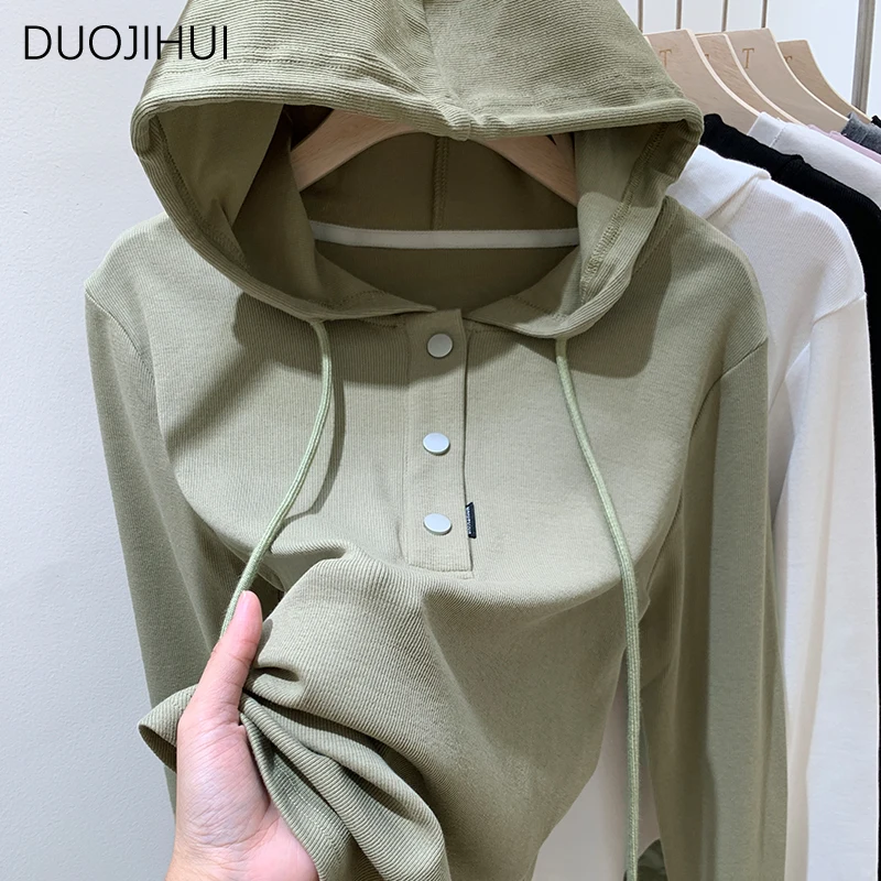 DUOJIHUI hoodie wanita, Hoodie dasar Korea warna Solid kasual sederhana dengan kancing mode baru musim dingin untuk perempuan