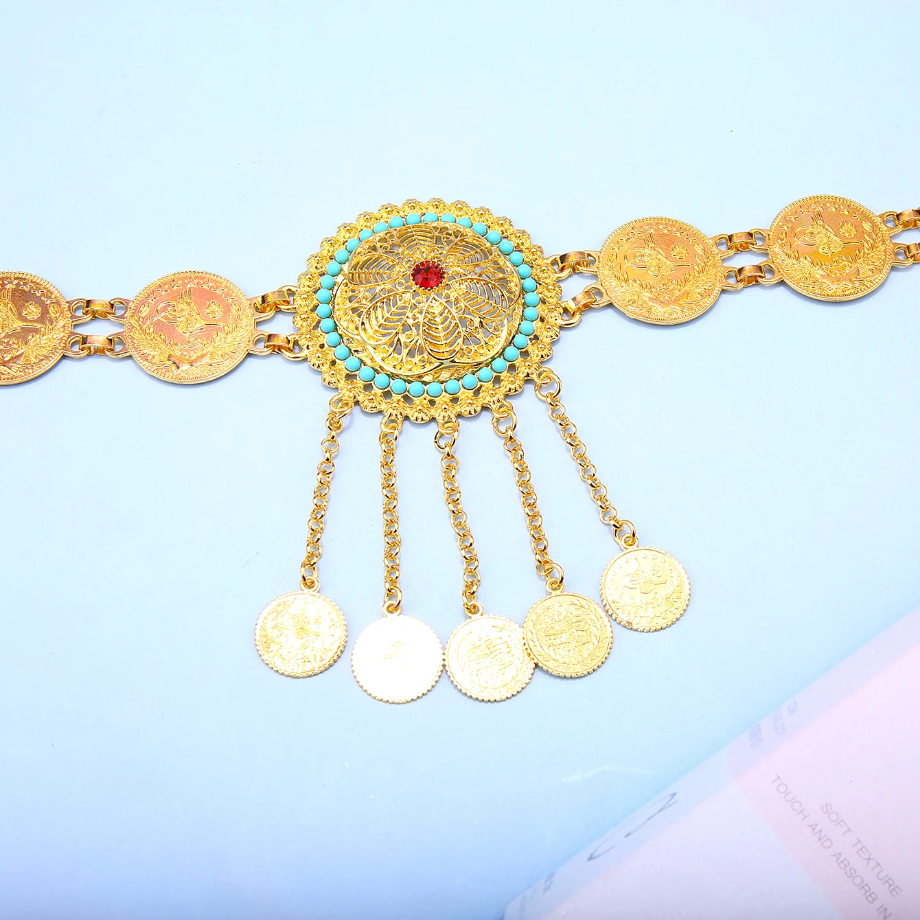 Colgante de cadena de cuerpo turco para mujer, moneda de oro, borla, diamantes de imitación, accesorios étnicos bohemios, joyería de cintura, moda