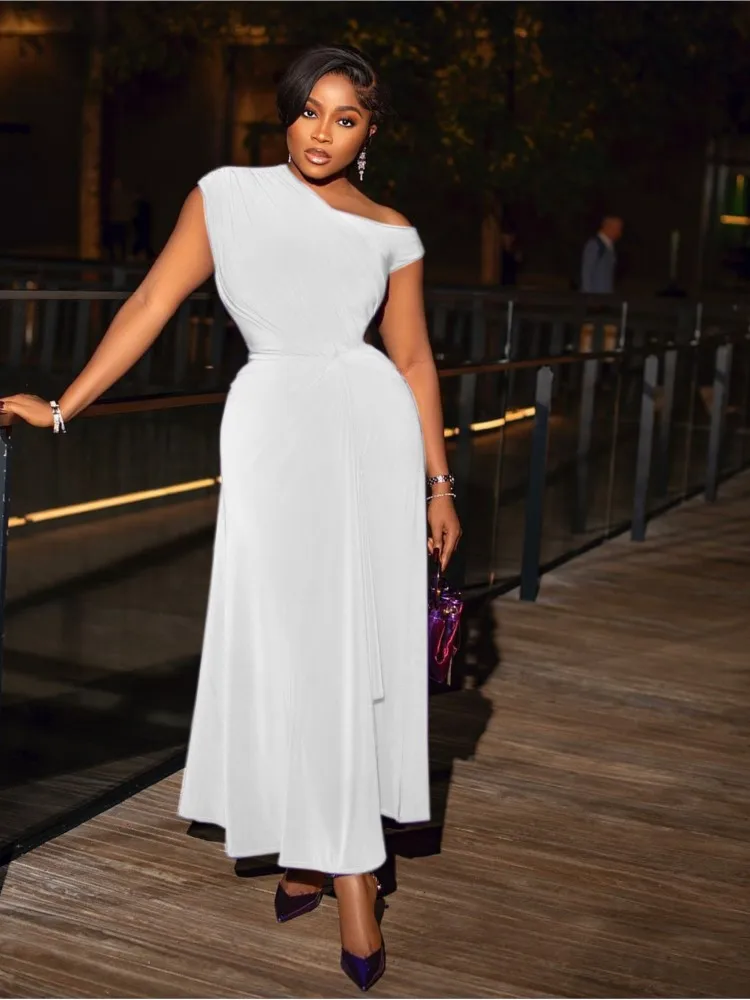 

Summer Solid Color Exposed Shoulders Ruched Sleeveless High Side Split Maxi Dress Women Fashion Sexy Night Club Party Dresses