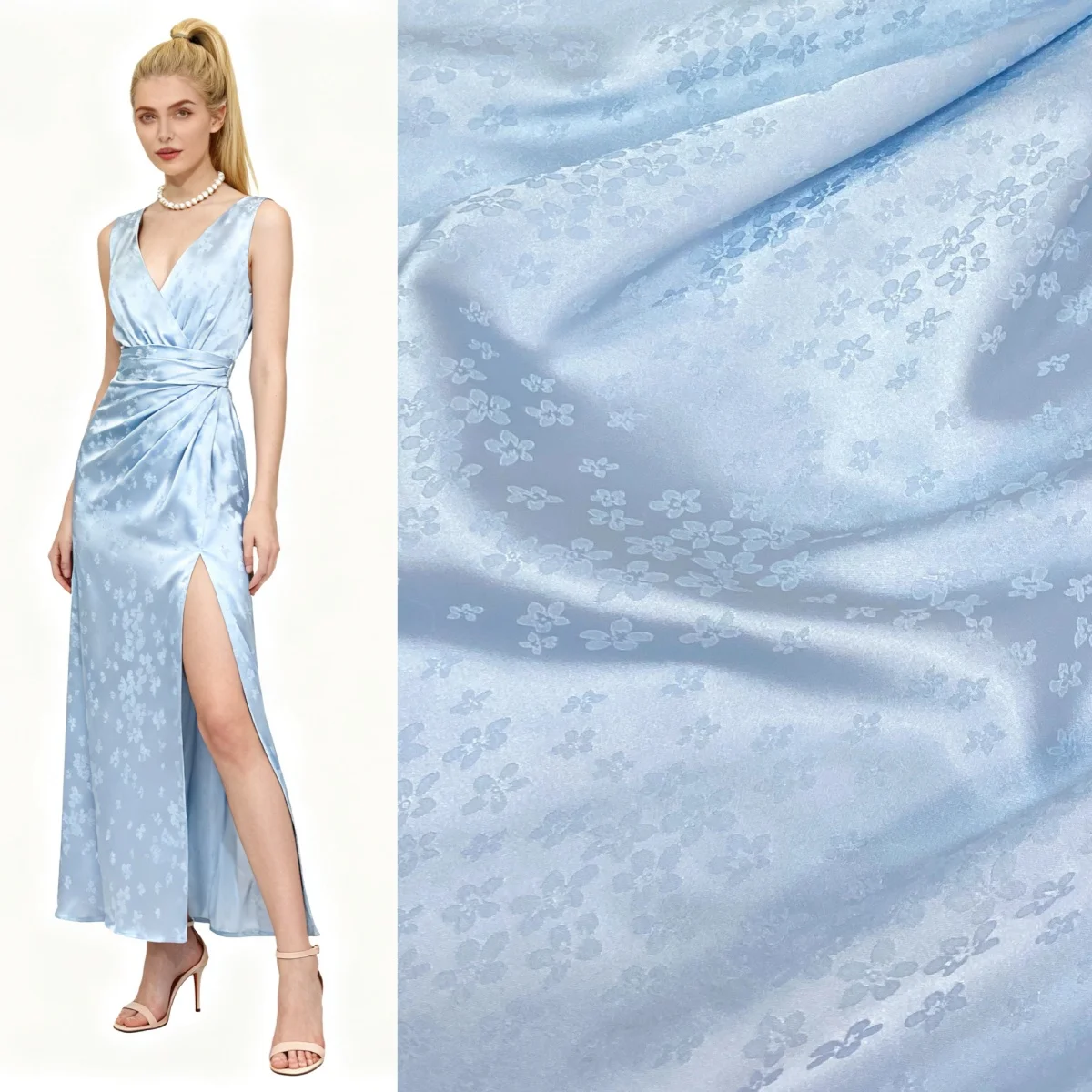 Satén jacquard azul claro con cortina suave y qipao Hanfu brillante y ropa para niños, tela de diseño hecho a mano DIY