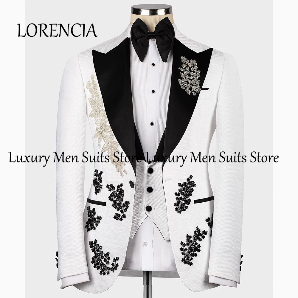 

Beading Crystal Men Suits 2 Pieces Applique Peak Label Wedding Tuxedos for Groom Customized Blazer Pants trajes para hombre