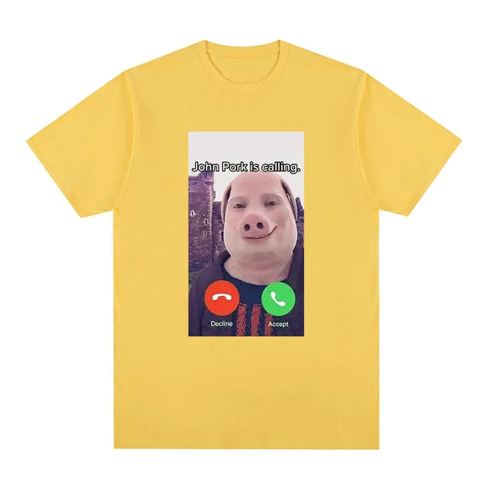 John Pork Is Calling Answer Call Phone T-Shirt Humor Funny Pig Lover Graphic Tee Top Streetwear Fashion Short Sleeve Outfit Gift