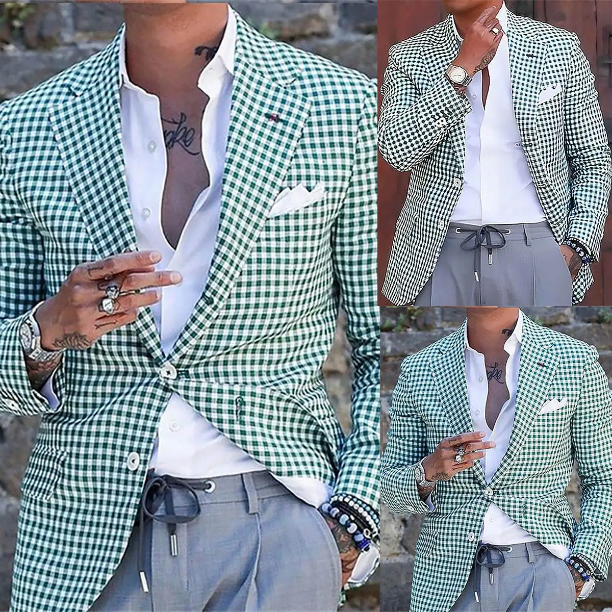 Fashion Green Plaid Mens Jacket Two Buttons Notched Lapel Tuxedos Groomsmen Party Birthday Beach Blazer Costume One Piece