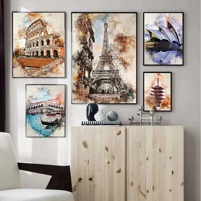Multiple sizes 1pc frameless Canvas Painting,Vintage Watercolor City Paris Rome Venice Scenery Poster Art Print Canvas Paintings