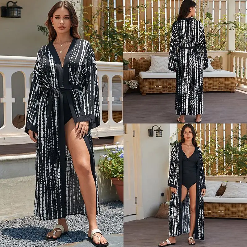 المرأة بوهو التعادل صبغ مطبوعة كيمونو سترة ، مضيئة كم فستان الشاطئ ، بيكيني Cover ، فضفاضة ملابس السباحة ارتداء ، Cover