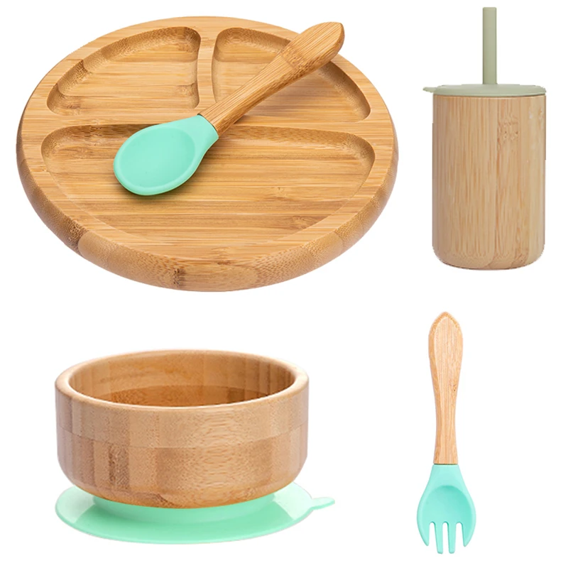 Mordida morde 5 pçs/set utensílios de mesa para crianças prato tigela garfo colher copo sucção alimentação alimentos utensílios de mesa de bambu bpa livre antiderrapante