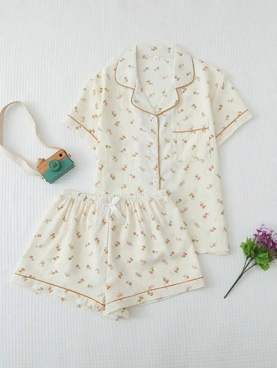 Floral Print Women Pajama Set Lapel Button Up Top Bow Shorts Sleepwear Loungewear