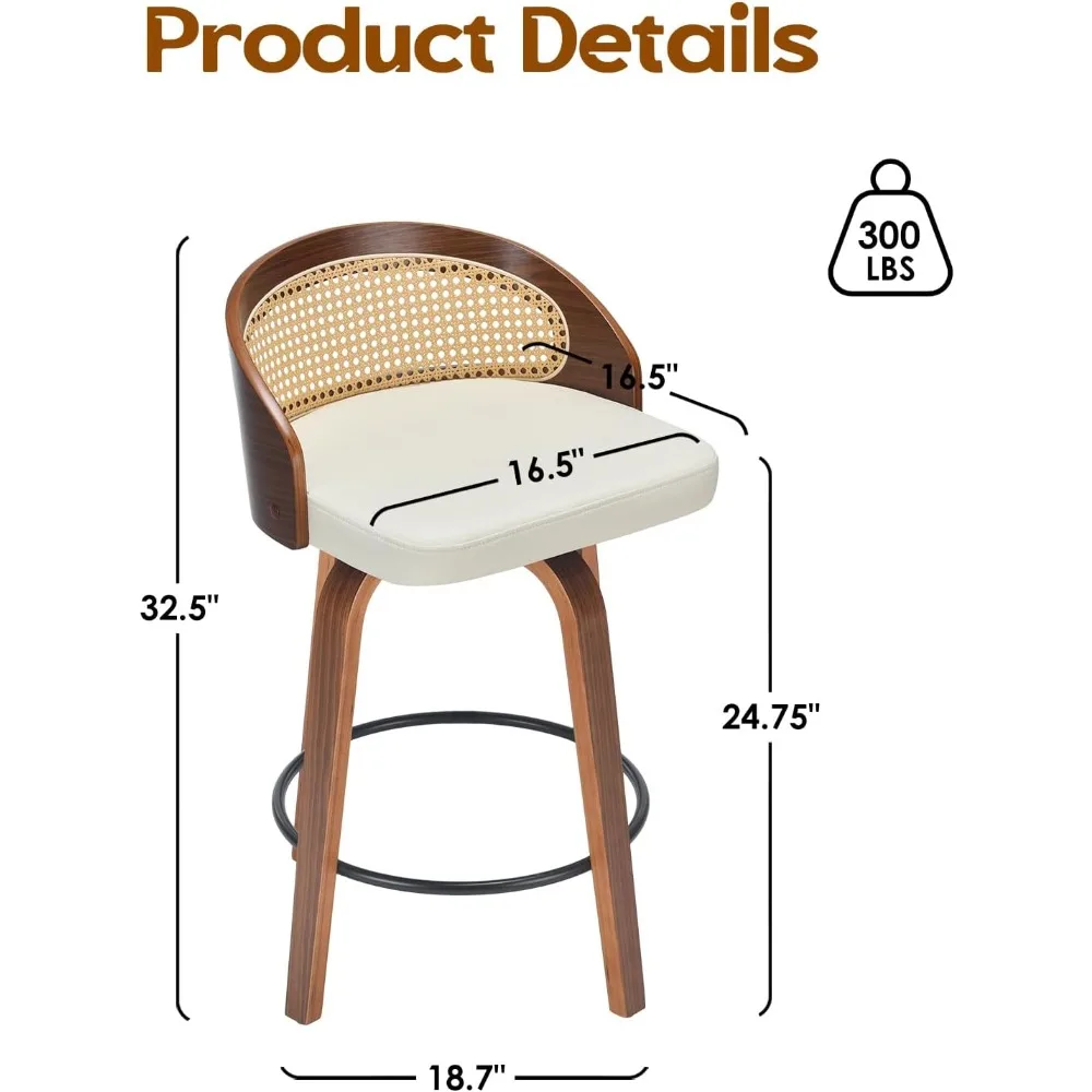 Juego de 2 taburetes de bar giratorios, estructura de madera moderna con respaldo de ratán, taburete de cuero pu para encimera de cocina, ba tapizado de mediados de siglo