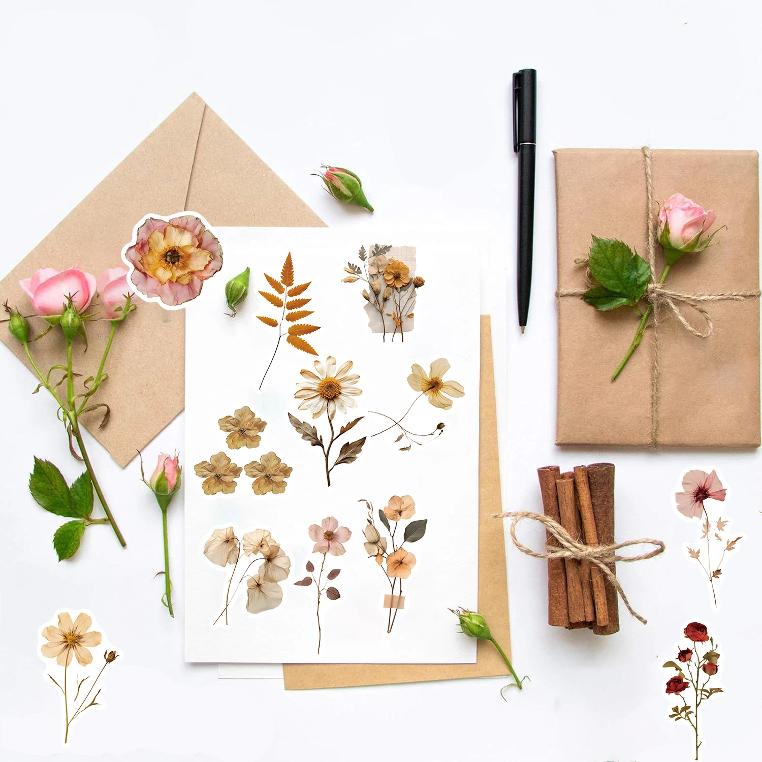 

60 шт. наклеек из сухоцветов и листьев для ноутбуков, эстетичных украшений, велосипедов, телефонов, ПВХ, кофе, канцелярских товаров, креативные стикеры