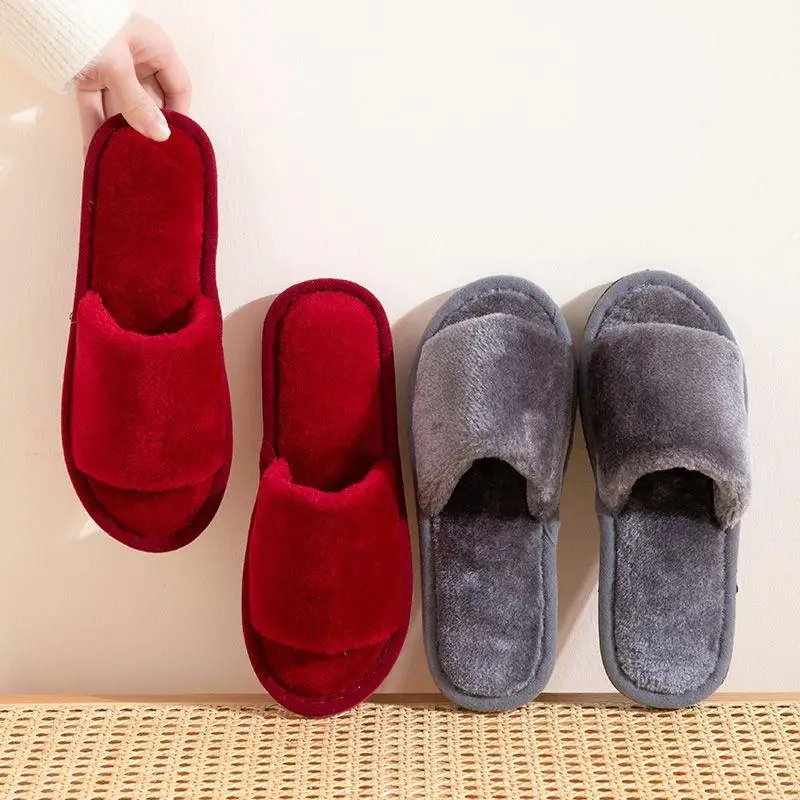 

Soft Coral Fleece Slippers Winter Fur Open Toe Flip Flops Slippers Thicken Warm Plush Shoes Indoor Slippers For Bedroom Slides