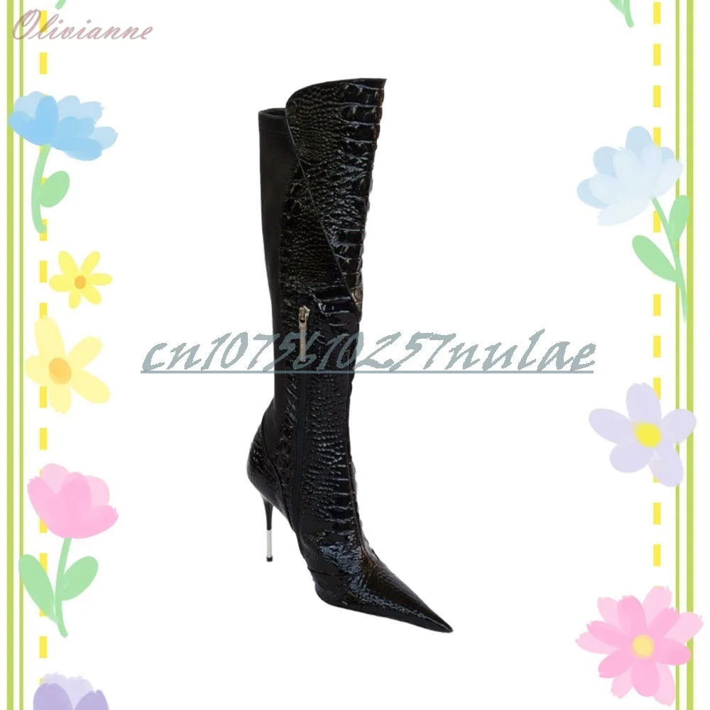 

Shiny Snakeprint Runway Style Mid Calf Boots Long Pointed Toe Stiletto High Heel Fashion Women Shoes 2025 Zapatos Para Mujere