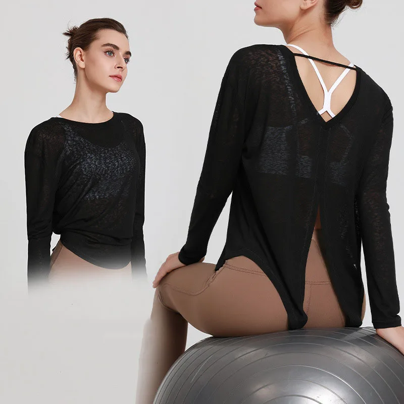 

V-Shape Back Split Yoga Top Women's Long Sleeve Lightweight Breathable Loose Fast Dry Pilates Dancing Fitness Cover-up