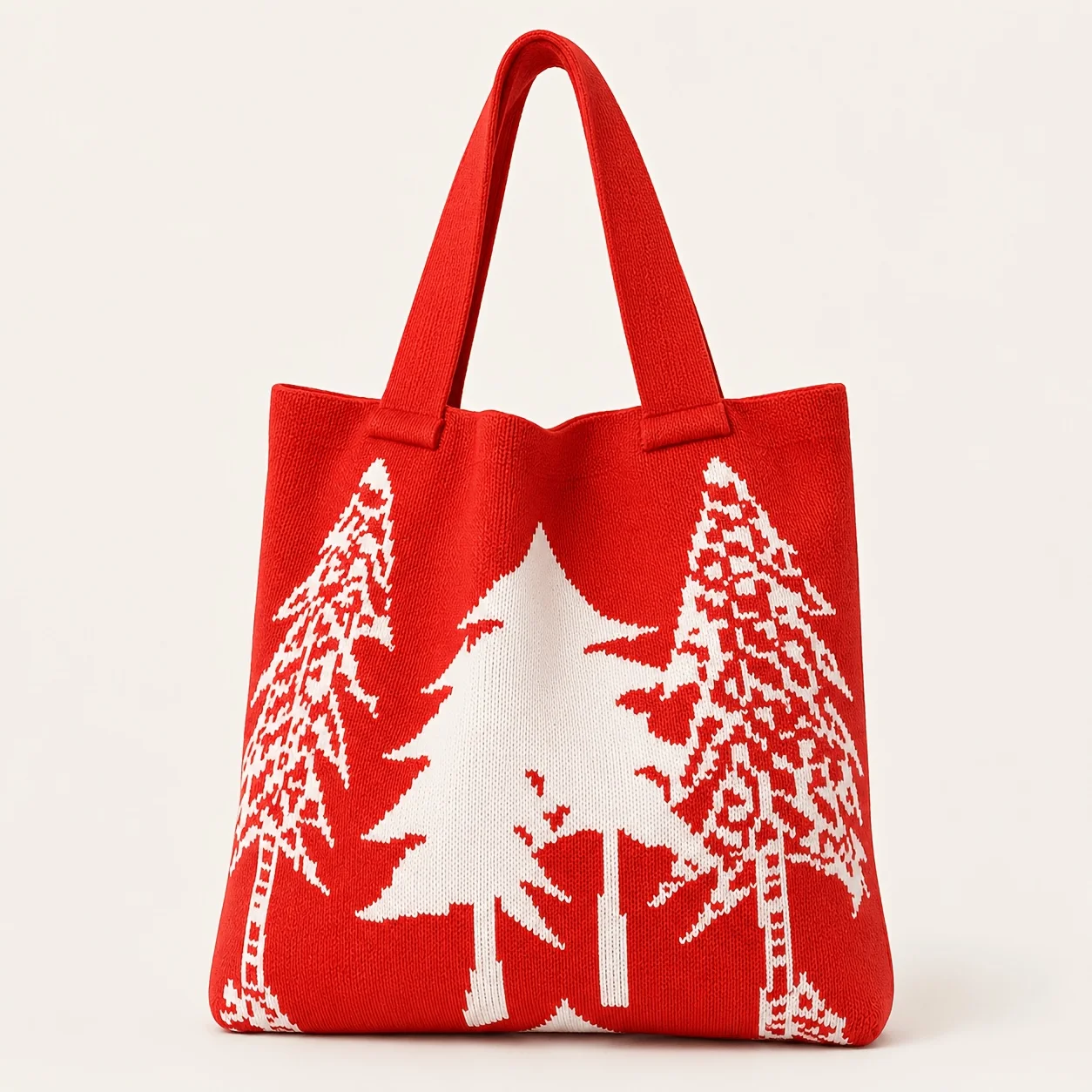 Knitted tote bag, a stylish and spacious shopping bag. Features a Christmas tree print and is available in multiple colors. It’s
