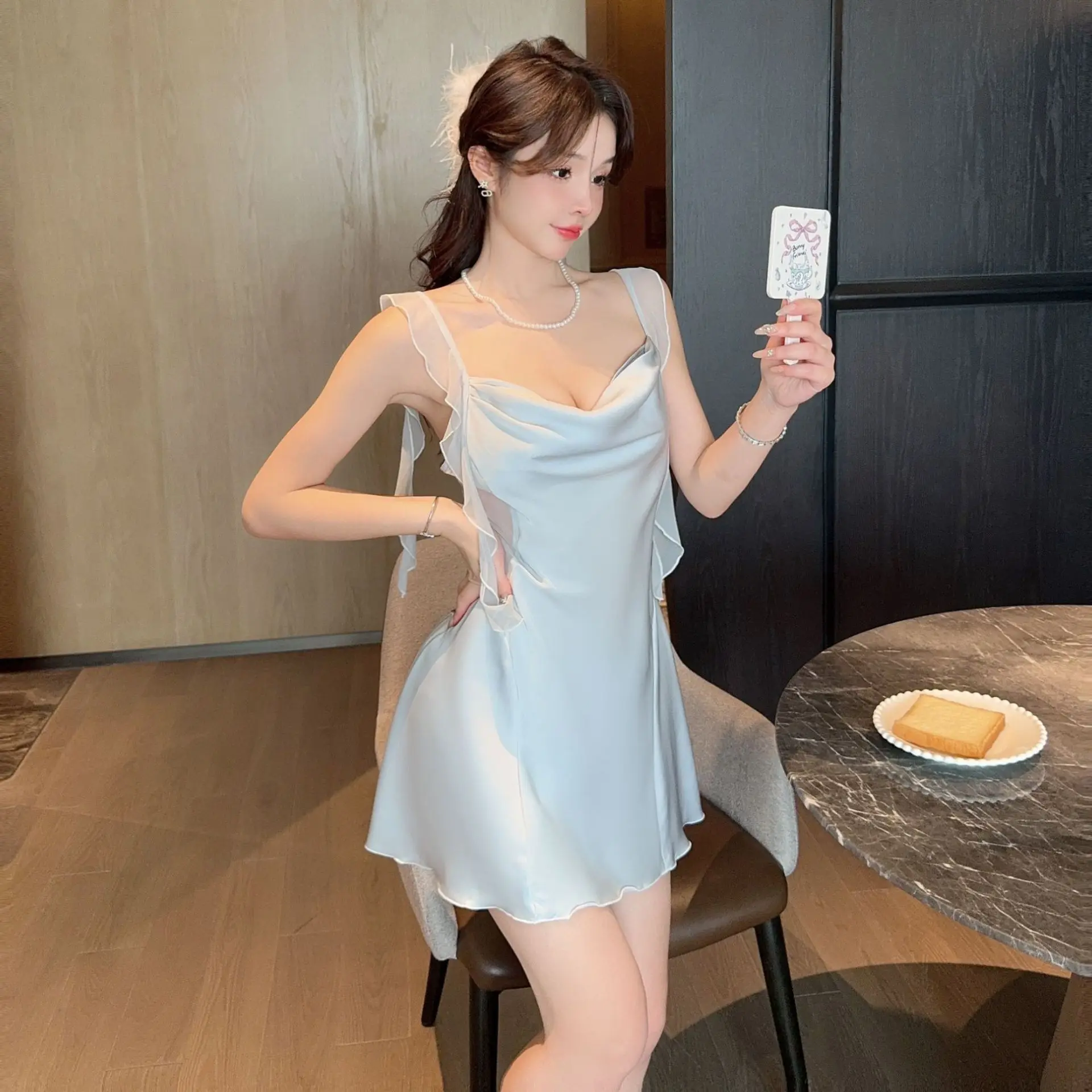 Sexy Minimalist Silk Sleepwear Set Two-Piece Set with Strap Outer Robe Casual Home Clothes Fashionable Simplicity Leisure Wear 3