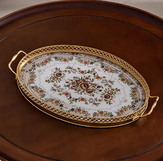 

Американский латунный поднос, стол для гостиной, круглый стол, чашка для хранения, роскошные украшения, поднос для сухофруктов, поднос для хранения