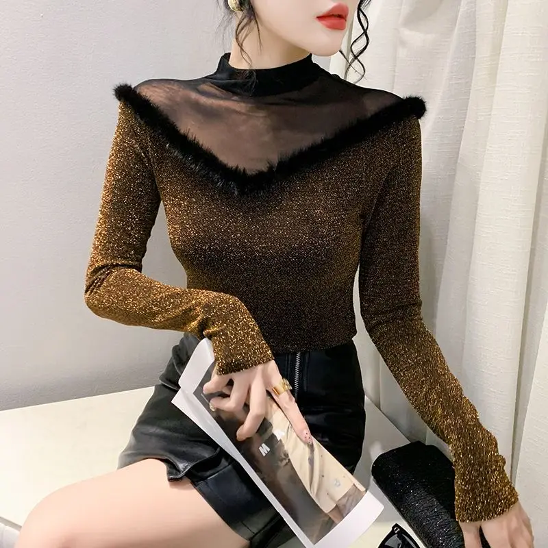 Women Clothing Stylish Sexy See Through Mesh Patchwork Basic T-shirt Elegant Bright Silk Half High Collar Long Sleeve Slim Tops