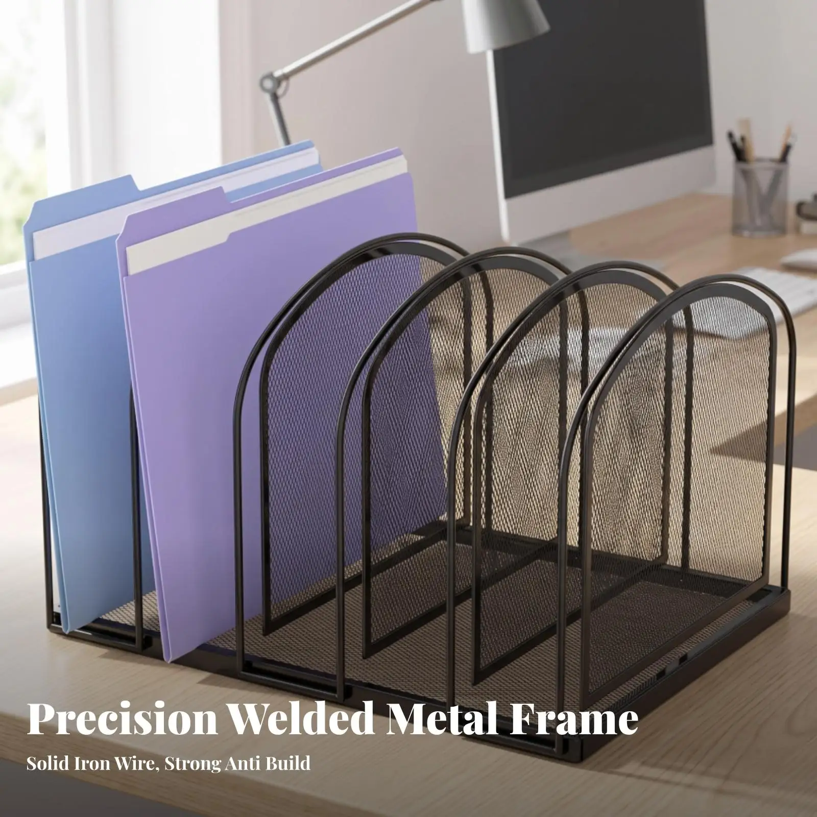 Sturdy Iron File Organizer for Desk with Arched Divider for Files Magazines and Office Use