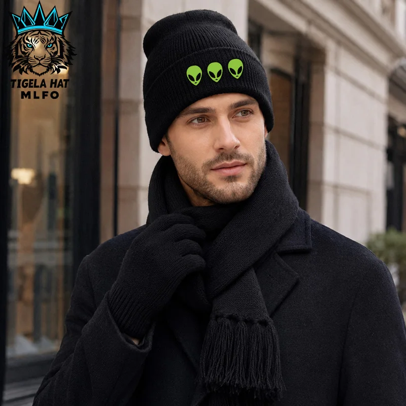 3PC Knit Beanie Scarf Glove Set, Alien Head Graphic Print, For Daily Winter Use, Holiday Gift & Casual Outdoor Activity