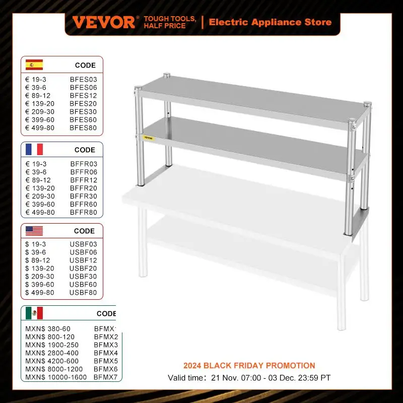 VEVOR Stainless Steel Kitchen Work Table Professional Double Overshelf Adjustable Lower Shelf Use for Home Commercial