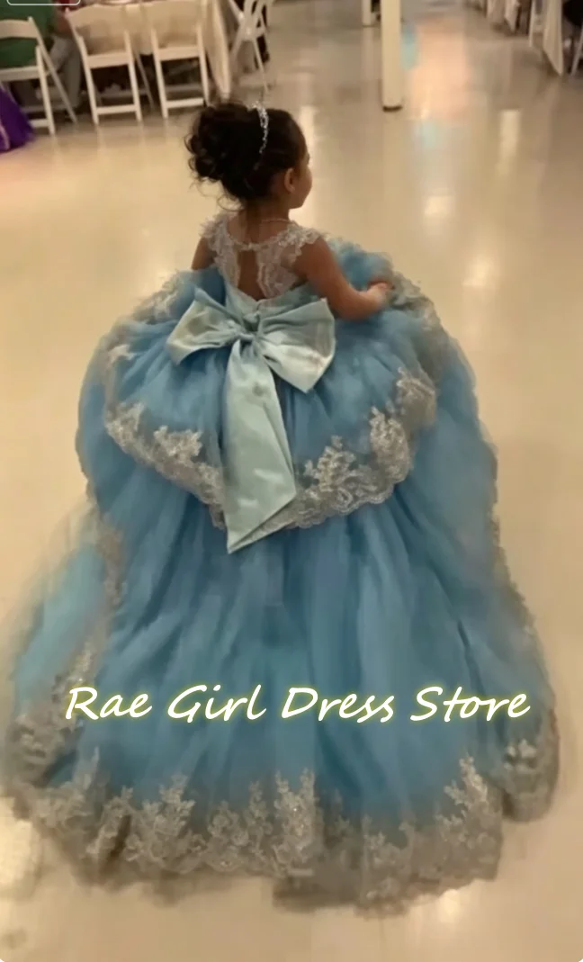 Tulle Tiered Flower Girl Dress For Wedding Floor Length Sleeveless Lace Yoke Back Cutout Big Satin Bow