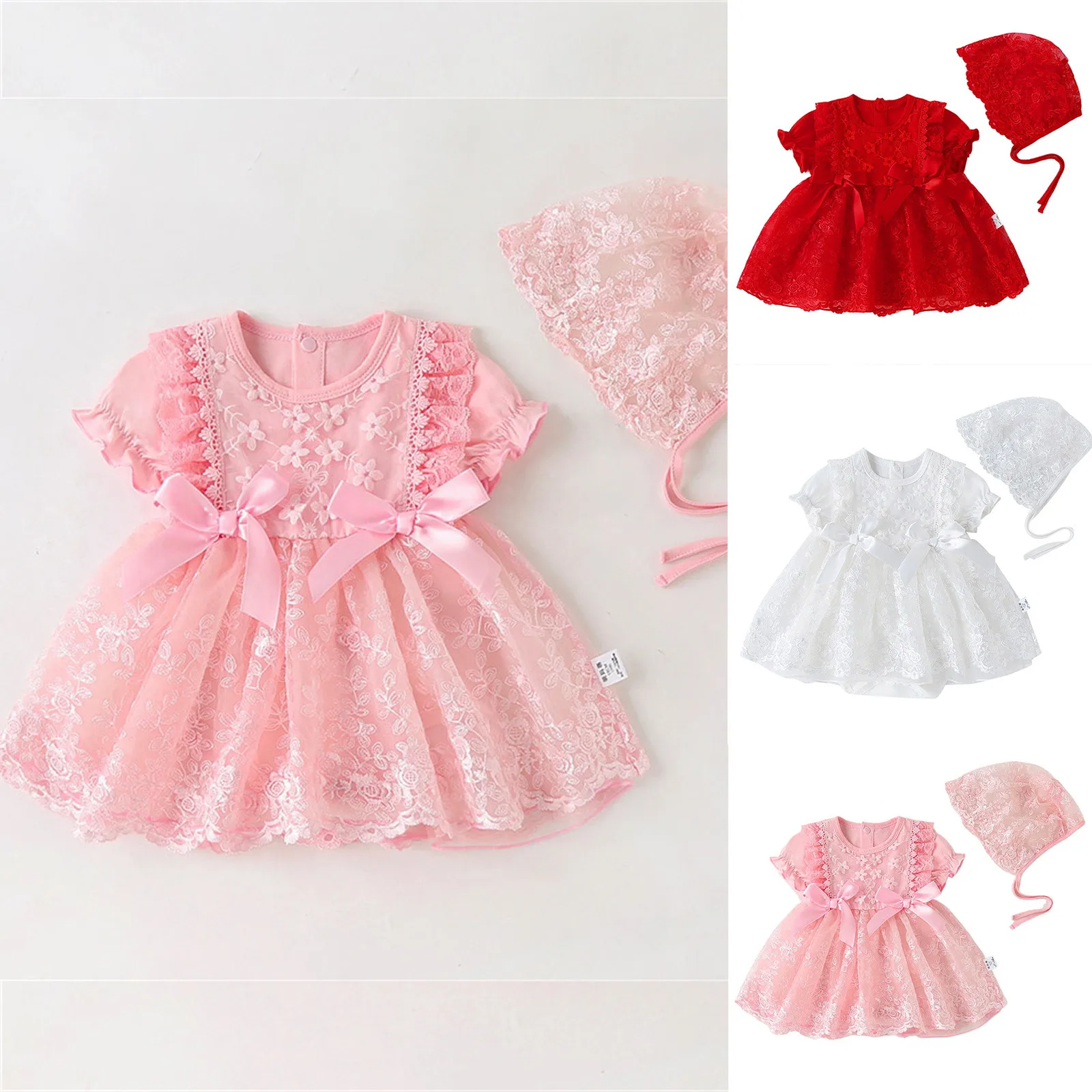 Newborn Baby Girl Dress Baptism Dress&Hat  Pink Christening Dress For Baby Girl Lace Vestidos Bebe Robe Bapteme 3 6 9 18Months