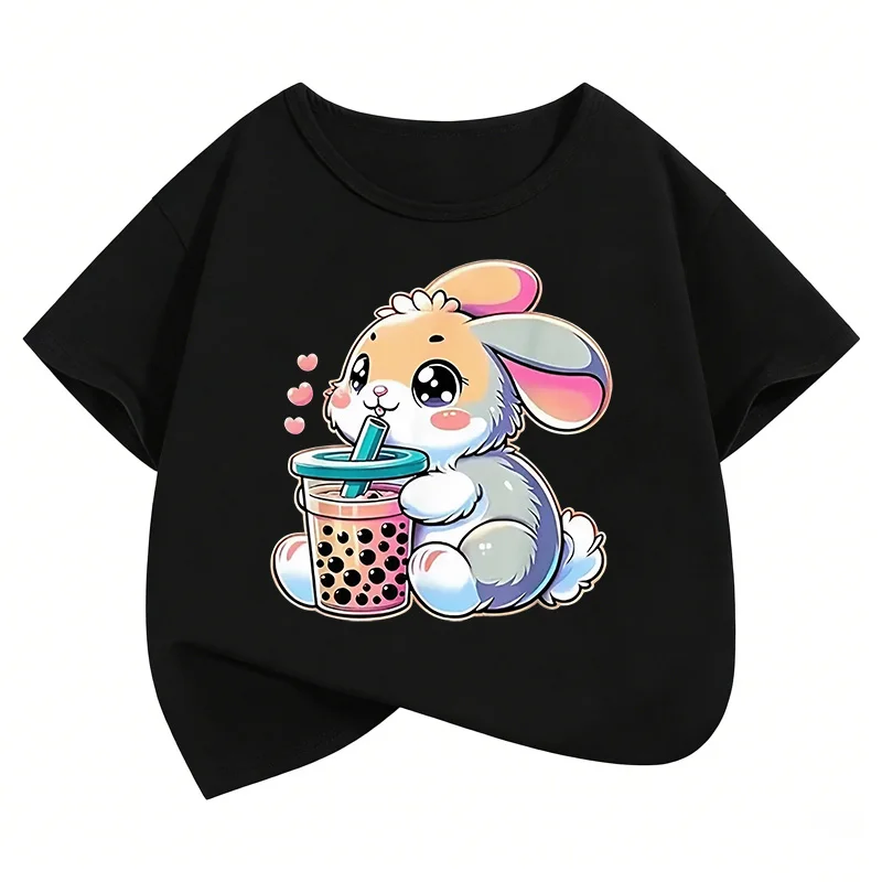 Cute Rabbit Graphic Kids Tshirts Summer Short Sleeve Tees Cartoon Animal Boys Girls Clothes Kawaii Tops Y2K Children T-shirt