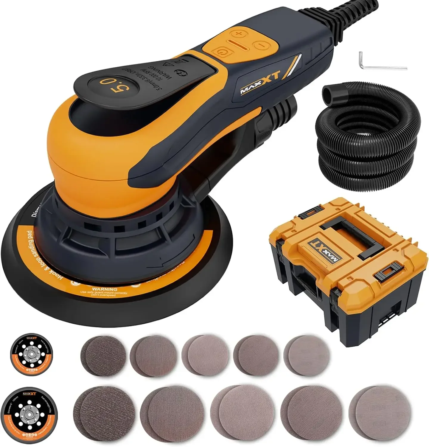 Electric 5mm Random Orbital Sander with Tool Case, Palm Sander with Brushless Motor, 5&6Inch Sanding Pads, Central Vacuum, Sande